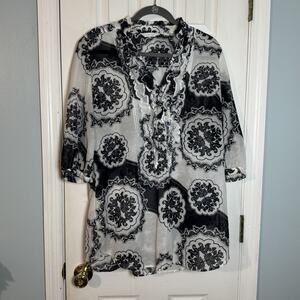 New York & Company Black And White Sheer Blouse, Ruffles, 100% Polyester, Large
